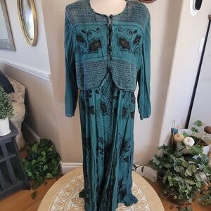 Libaas Teal Embroidered Maxi Dress with Jacket Sz L